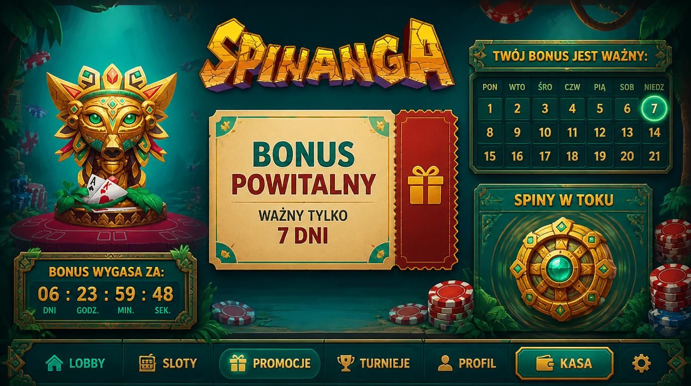 alt: Zegar z napisem „ważność bonusu powitalnego 7 dni”, kupon promocyjny i kalendarz z zaznaczonymi dniami.