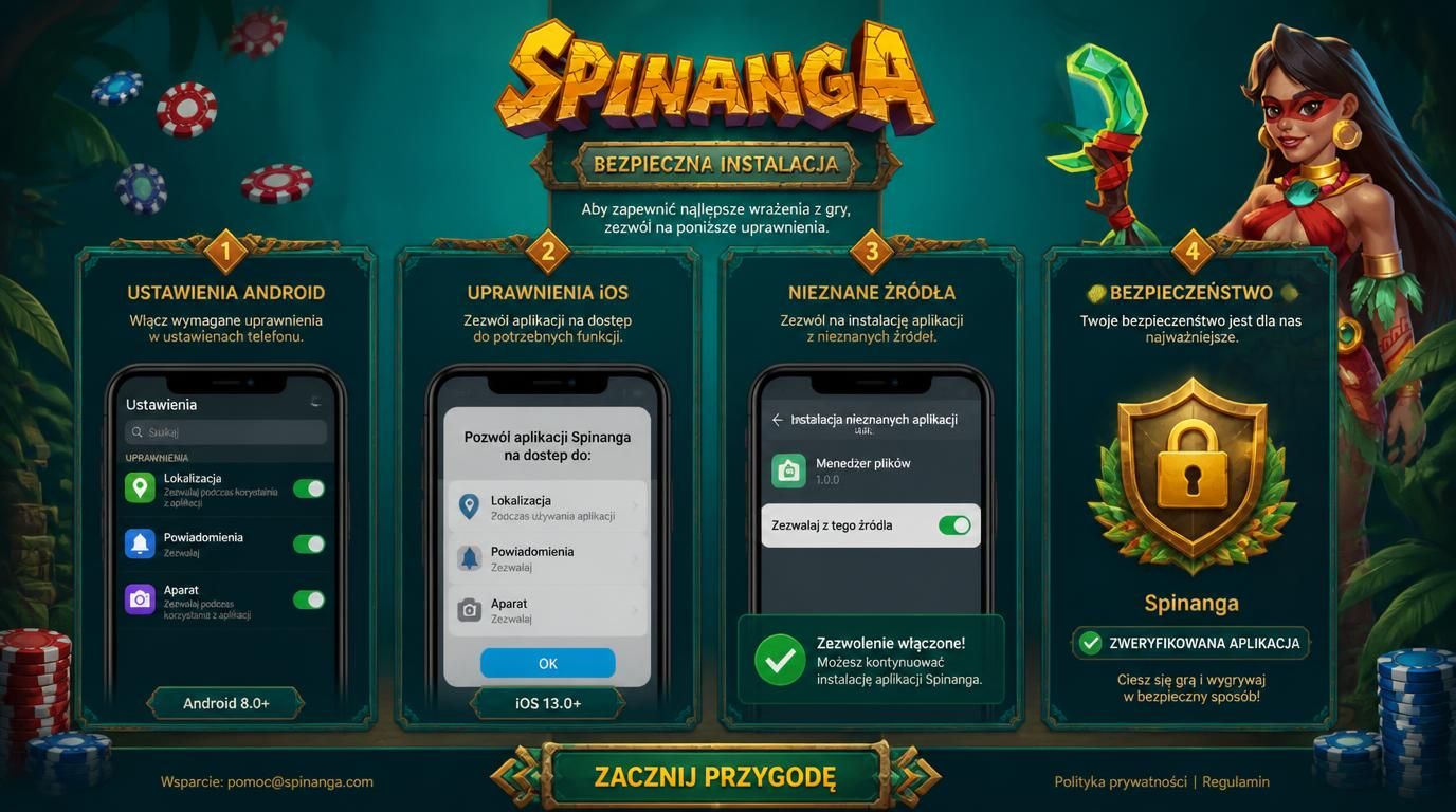 Ilustracja pokazująca ustawienia uprawnień aplikacji i proces kontroli instalacji Spinanga Casino na Androidzie i iOS.