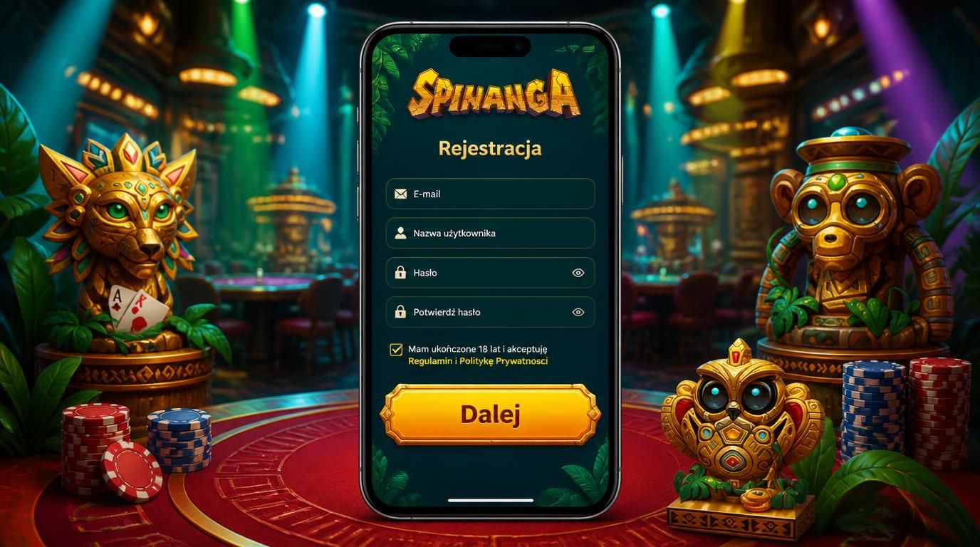Interfejs rejestracji na smartfonie z wyraźnym przyciskiem „Sign Up”, klimat kasyna na żywo w tle.