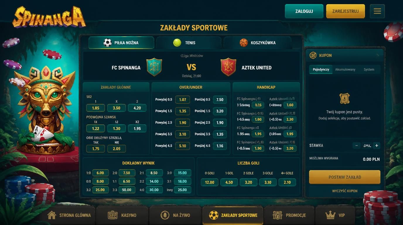 Interfejs wyboru zakładów z rynkami over/under, handicap