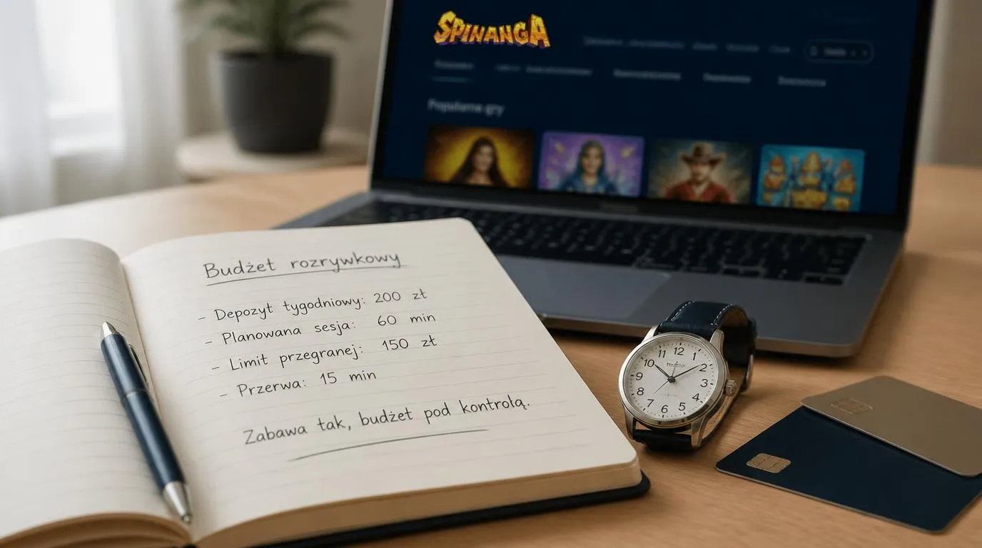 Notes z budżetem na rozrywkę, zegarek i karty płatnicze obok laptopa