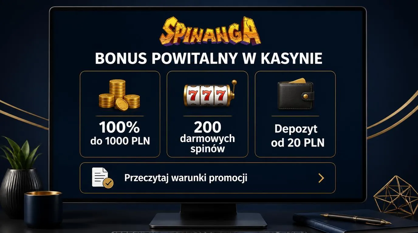 Grafika pakietu powitalnego z bonusem 100% do 1000 PLN, 200 darmowymi spinami i depozytem od 20 PLN